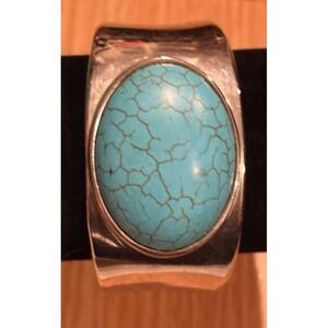 Chunky Silver Tone Cuff Bracelet Large Oval Turquoise Stone Statement